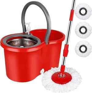 BOP 360° Spin Mop and Bucket w/wringer Set +3 Microfiber Refills Floor Cleaning Regular, Stainless Steel,Red/Grey