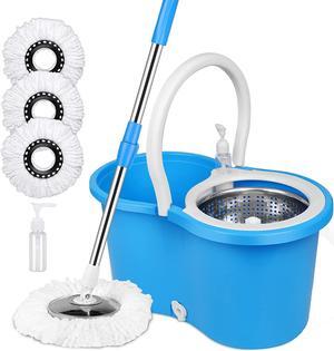 BOP 360 Spinning Microfiber Spin Mop & Bucket Floor Cleaning System Stainless Steel Wringer Set Plus 3 Replacement Head Refills  for Home Cleaning - Blue