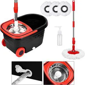 BOP Mop and Bucket with Wringer Set, 360 Spin Mop and Bucket System, Spinning Bucket with Wheels for Easy Moving and 3 Microfiber Mop Heads Black+Red