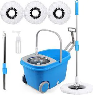 BOP Mop Bucket with Wringer Set, Extended Stainless Steel Handle, 3 Microfiber Replacement Spin Mop Head Refills, 2 Wheels for Household Cleaning,Blue