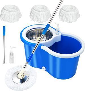 H BOP Mop and Bucket with Wringer Set,360° Spin Mop and Bucket on Wheels and 3 Microfiber Mop Refills, Stainless Steel 61" Extended Handle Spinning Mop Bucket System for Floor Cleaning