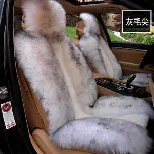 2pcs Real Fur Seat Cover For Cars Sideless Lambskin Seat Covers Unviersal Fit Winter Warm white with gray tip
