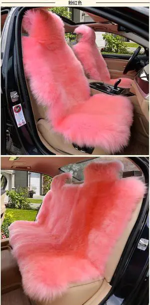 3pcs Long Wool Faux Fur Seat Covers Sheepskin Car Seat Cover Full Set Cushion Universal Fit Front Rear Pink