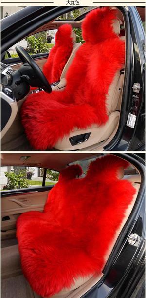 3pcs Long Wool Faux Sheepskin Seat Cover Artificial Fur Car Seat Covers Full Set Cushion Universal Fit Front Rear Red