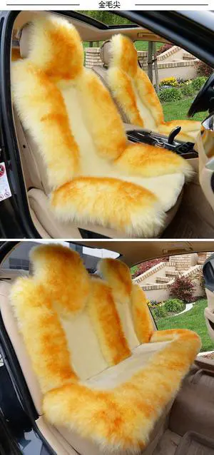 3pcs Genuine Sheepskin Car Seat Covers For Cars Full Set Sideless Lambskin Real Fur Seat Cover Unviersal Fit Winter Warm beige with brown tip