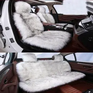 3pcs Long Wool Faux Sheepskin Car Seat Covers Artiticial Fur Seat Covers Full Set Cushion Universal Fit Front Rear
