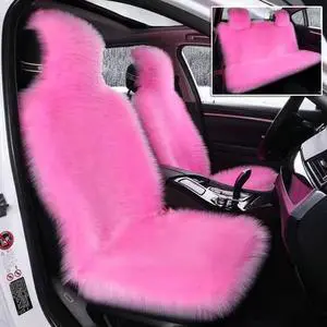 3Pcs Faux Sheepskin Car Seat Covers For Cars Full Set Long Wool Auto Artificial Fur Car Cushion Plush Fur Seat Cover Unviersal Pink