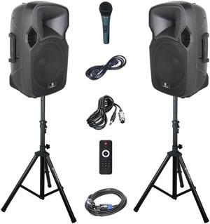 PRORECK Party 12 12-Inch 1000 Watts 2-Way Powered PA Speaker System Combo Set with Bluetooth/USB/SD Card/FM Radio/Remote Control/Wired microphone/tripod Stand
