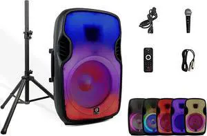 PRORECK Titan 15A 600W 15inch LED Powered Bluetooth PA Speaker with Height Adjustable Stand, Remote Control and Mic, TWS Stereo Pairing, Suitable for Party, Wedding, DJ Gig etc.