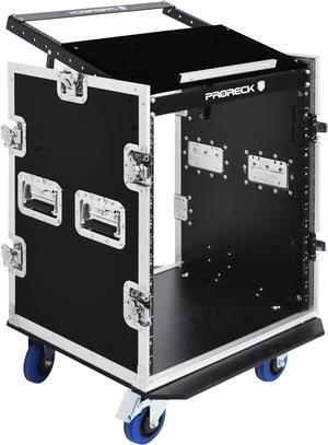 PRORECK 14U Rack/Road Case With Slant Mixer Top, And Casters, 20'' Rackable Depth, Plywood, 14U Installation Size, Pro Stage Performance.