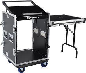 PRORECK 14U Rack/Road Case With Slant Mixer Top, One Side table And Casters, 20'' Rackable Depth, Plywood, 14U Installation Size, Pro Stage Performance.