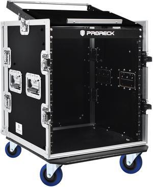 PRORECK 12U Rack/Road Case With Slant Mixer Top, And Casters, 20'' Rackable Depth, Plywood, 12U Installation Size, Pro Stage Performance