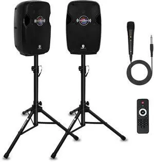 PRORECK Impact 8 8-Inch Stereo Speakers, 600W Peak Power Bluetooth PA Speaker System with Wired Microphone, Speaker Stands & Remote  Portable DJ Speaker for Parties, Events, Karaoke, Outdoor Use