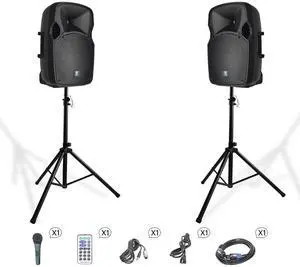 PRORECK Party 12 1000W Powered PA Speaker System Combo w/ Bluetooth, USB/SD/FM, Remote and speaker Stands - 12" 2-Way (Pair)