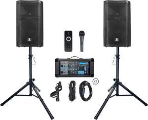 PRORECK DELTA 10 1800W Bluetooth PA Speaker System with 4-Channel Powered Mixer, 2 10-Inch Passive Speakers, Stands, Reverb Effects, and 15V Phantom Power. Perfect for DJs, Bands, Karaoke, Live Events