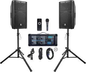 PRORECK Delta 126 2000W Bluetooth PA Speaker System with 6-Channel Powered Mixer, 2 12-Inch Passive Speakers, Stands, Reverb Effects, 15V Phantom Power. Perfect for DJs, Bands, Karaoke, Live Events