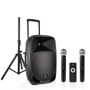 Portable 15" 1600W 2-Way Rechargeable Powered Dj PA Speaker System with Bluetooth, Rechargeable Battery, 2 Wireless Mics, USB, SD, FM Radio, Remote & Speaker Stand for Parties, Events, gigs, Outdoor Portable 15" 1600W 2-Way Rechargeable Powered Dj PA Speaker System with Bluetooth, Rechargeable Battery, 2 Wireless Mics, USB, SD, FM Radio, Remote & Speaker Stand for Parties, Events, gigs, Outdoor