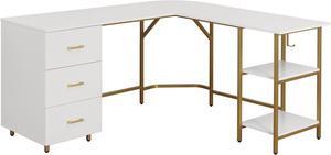 Techni Mobili L-Shape Home Office Two-Tone Desk with Storage, Gold - OEM