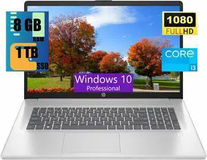 HP 17 Laptop, 17.3" FHD (1920 x 1080) Display, Intel Core i3-N305 8 Cores Processor, Intel UHD Graphics, 8GB DDR4  1TB PCIe SSD, Webcam, HDMI, Fingerprint Reader, Wi-Fi 6, Windows 10 Pro