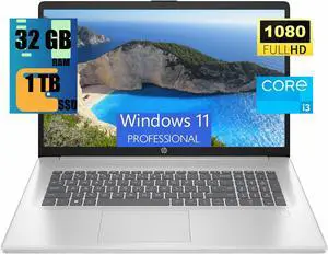 HP 17 Laptop, 17.3" FHD (1920 x 1080) Display, Intel Core i3-N305 8 Cores Processor, Intel UHD Graphics, 32GB DDR4  1TB PCIe SSD, Webcam, HDMI, Fingerprint Reader, Wi-Fi 6, Windows 11 Pro
