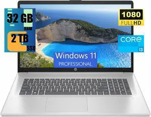HP 17 Laptop, 17.3" FHD (1920 x 1080) Display, Intel Core i3-N305 8 Cores Processor, Intel UHD Graphics, 32GB DDR4  2TB PCIe SSD, Webcam, HDMI, Fingerprint Reader, Wi-Fi 6, Windows 11 Pro