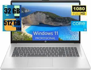 HP 17 Laptop, 17.3" FHD (1920 x 1080) Display, Intel Core i3-N305 8 Cores Processor, Intel UHD Graphics, 32GB DDR4  512GB PCIe SSD, Webcam, HDMI, Fingerprint Reader, Wi-Fi 6, Windows 11 Pro