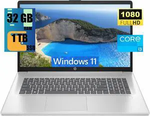 HP 17 Laptop, 17.3" FHD (1920 x 1080) Display, Intel Core i3-N305 8 Cores Processor, Intel UHD Graphics, 32GB DDR4  1TB PCIe SSD, Webcam, HDMI, Fingerprint Reader, Wi-Fi 6, Windows 11