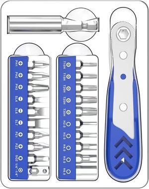 Smallphy Mini Ratchet Set, 22-Piece 1/4 Ratchet Right Angle Screwdriver, 36-Tooth Small Ratcheting Wrench Bit Ratchet For Tight Spaces, with Phillips, Slotted, Torx, Hex, Square and Adapter for Socket