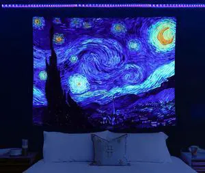 Blacklight Tapestry Starry Night by Van Gogh Wall Art Decor for Bedroom Aesthetic, Abstract Hippie Trippy Wall Hanging UV Reactive Fabric Poster for Living Room Dorm Décor