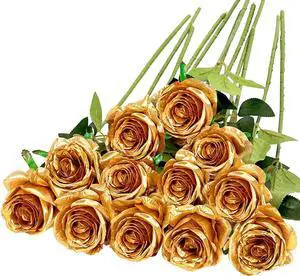 Sinsoledad 6 Pcs Artificial Rose Bouquet - Perfect For DIY Wedding, Bridal Party, Home & Office Decor | Ideal For Mother's Day, Valentine's, Christmas & More Gold