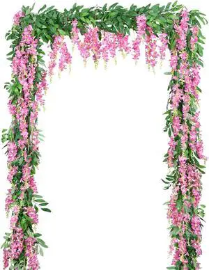 SINSOLEDAD 5pcs Wisteria Artificial Flowers Garland, Fake Wisteria Vine Kit, Hanging Flower for House Outdoor Garden Ceremony Outside Wedding Arch Floral Decor, Xmas Decor, Pink