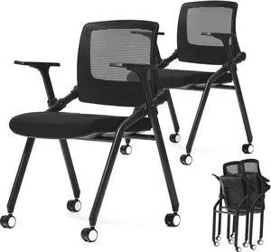 FYLICA  [2 in 1] Stackable Conference Room Chairs with Wheels, Ergonomic Mesh Back slidable Arms for Church Meeting, Conference, Reception, Training Room & Home Office Desk Folding Chairs