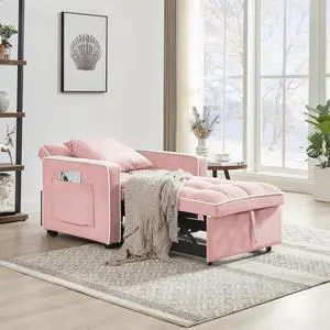 CHAYOU 3-in-1 Chair Bed, Folding Convertible Chair Sofa Bed with Adjustable Backrest, Pull Out Sleeper Chair Bed, Modern Velvet Chair Bed (Pink)
