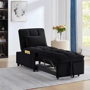 CHAYOU Sleeper Chair Bed, 4-in-1 Folding Convertible Chair Sofa Bed with Adjustable Backrest, Pull Out Sleeper Chair Bed with Storage Pockets, Modern Velvet Chaise Lounge (Black)