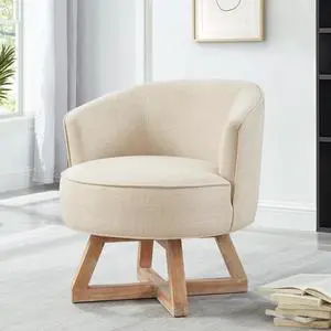 CHAYOU Swivel chair with cross-shaped wooden base,Lounge chair with solid wood legs, 360°freely Swivel chair , Classic linen Fabric for living room, bedroom, office, dresser -Beige
