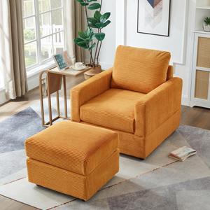 CHAYOU Classic Corduroy Chaise Lounge, Comfy Sofa Chaise Couch Chair, Upholstered Accent Chair with Ottoman for Living Room - Yellow