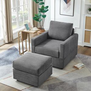 CHAYOU Classic Corduroy Chaise Lounge, Comfy Sofa Chaise Couch Chair, Upholstered Accent Chair with Ottoman for Living Room -GREY