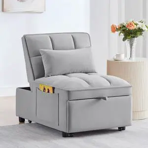 CHAYOU Sleeper Chair Bed, 4-in-1 Folding Convertible Chair Sofa Bed with Adjustable Backrest, Pull Out Sleeper Chair Bed with Storage Pockets, Modern Velvet Chaise Lounge (Grey)