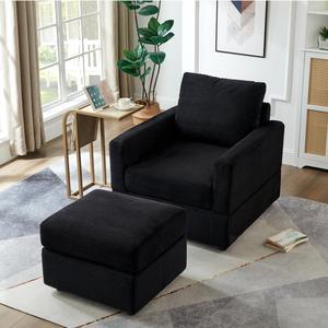 CHAYOU Classic Corduroy Chaise Lounge, Comfy Sofa Chaise Couch Chair, Upholstered Accent Chair with Ottoman for Living Room - Black
