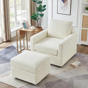 CHAYOU Classic Corduroy Chaise Lounge, Comfy Sofa Chaise Couch Chair, Upholstered Accent Chair with Ottoman for Living Room - Beige