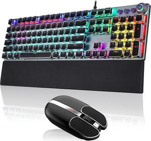 Black Typewriter Style Blue Swithces Mechanical Keyboard with Wireless Silent Mouse, Square Keycaps Multimedia Control with Rechargeable Wireless Mouse.