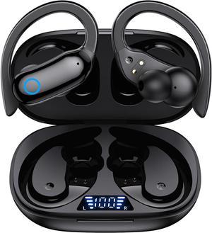 Headphones Wireless Earbuds 48hrs Playback IPX7 Waterproof Earphones Over-Ear Stereo Bass Headset with Earhooks Microphone LED Battery Display for Sports/Workout/Gym/Running Black