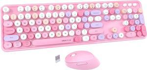 Colorful Computer Wireless Keyboard Mice Combo, Retro Typewriter Flexible Keys Office Full-Sized Keyboard, 2.4GHz Dropout-Free Connection and Optical Mouse (Pink-Colorful)