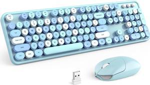 Wireless Keyboard and Mouse Combo, Blue 104 Keys Full-Sized 2.4 GHz Round Keycap Colorful Keyboards, USB Receiver Plug and Play, for Windows, Mac, PC, Laptop, Desktop