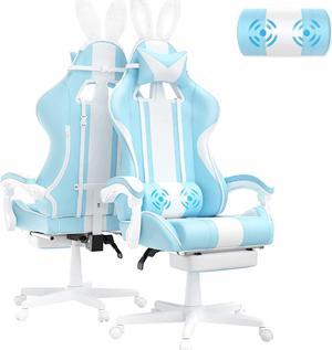 Ferghana Light Blue Gaming Chair with Bunny Ear Cute Massage Gaming Chairs for Adults  Teens Office PC Gamer Chair with Footrest Kawaii Computer Game Chair for Girls Racing Reclining Silla Gamer