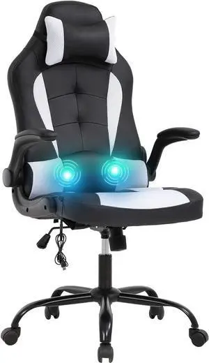 Vnewone Computer Gaming Chair Office PC Ergonomic Executive Desk Racing Rolling Swivel Task PU Leather with Lumbar Support Headrest Adjustable Armrest Massager, White Vnewone Computer Gaming Chair Office PC Ergonomic Executive Desk Racing Rolling Swivel Task PU Leather with Lumbar Support Headrest Adjustable Armrest Massager, White