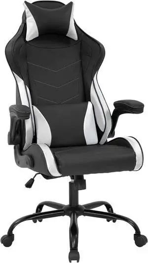 Gaming Chair Office Chair PC Computer Chair with Lumbar Support Headrest Flip up Armrest Task Rolling Swivel Ergonomic Adjustable E-Sports Desk Racing Chair(White)