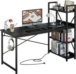 IRONCK Computer Desk 55" with Power Outlet and Storage Shelves, Study Writing Table with USB Ports Charging Station, PC Desk Workstation for Home Office, Black IRONCK Computer Desk 55" with Power Outlet and Storage Shelves, Study Writing Table with USB Ports Charging Station, PC Desk Workstation for Home Office, Black