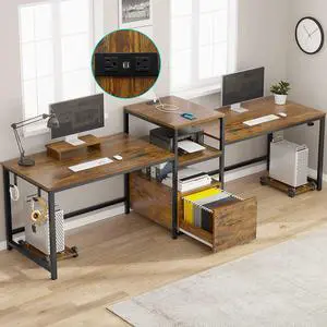 98" Home Office Desk, 2 Person Computer Desk with Letter/A4 File Drawer & Power Strip with USB, Double Long Desk for Home Office with Storage Shelves, Printer Shelf, Monitor Stand, Rustic Brown
