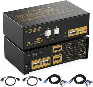 KVM Switch HDMI 2 Computers 2 Monitors, 2 Port 4K@30Hz USB KVM Switches Share 3 USB Devices, Extended Display Switcher Supports Keyboard Hotkey & Panel Button Switching